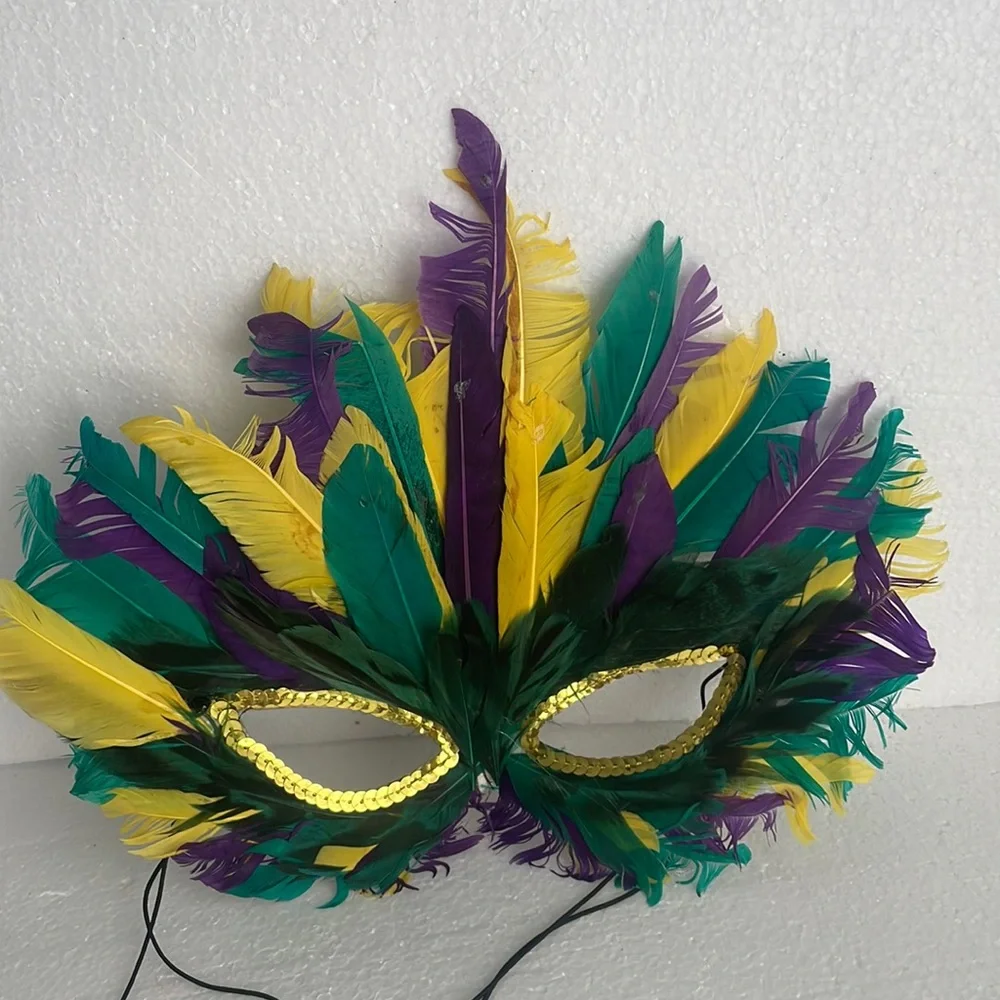 Feather mask sequins purple yellow green Halloween Mardi Gras cosplay theater